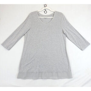 TravelSmith Tunic Top Sheer Trim V-Neck Knit Stretch Gray Women L Long Sleeve